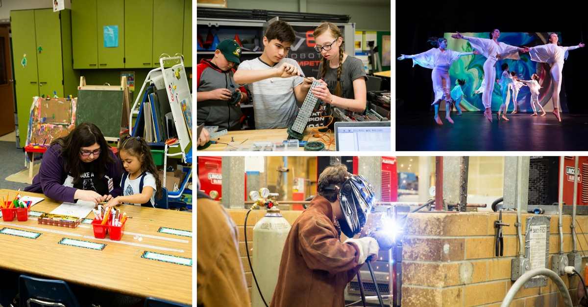 Students engaging in specialized programs, including teaching, robotics, dance and welding